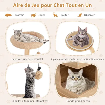 GIANTEX Arbre à Chat en Bois 129 cm, Arbre à Chat avec Poteaux en S, Condo