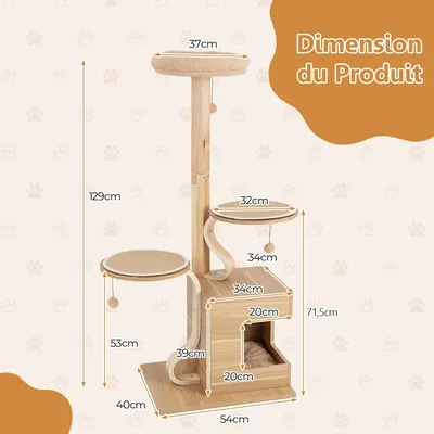 GIANTEX Arbre à Chat en Bois 129 cm, Arbre à Chat avec Poteaux en S, Condo