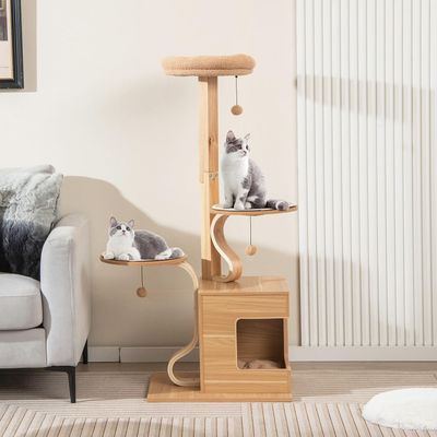 GIANTEX Arbre à Chat en Bois 129 cm, Arbre à Chat avec Poteaux en S, Condo