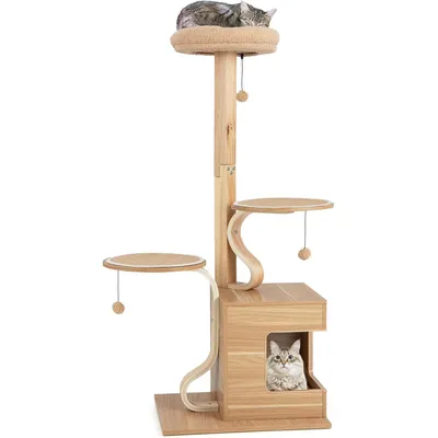 GIANTEX Arbre à Chat en Bois 129 cm, Arbre à Chat avec Poteaux en S, Condo