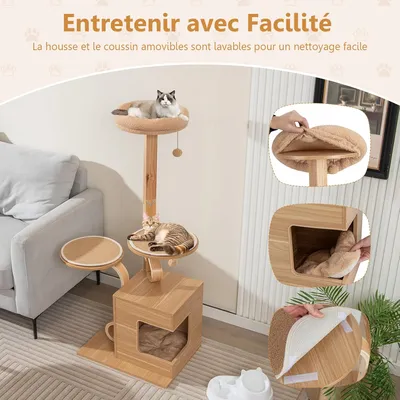 GIANTEX Arbre à Chat en Bois 129 cm, Arbre à Chat avec Poteaux en S, Condo