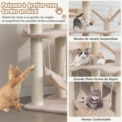 GIANTEX Arbre à Chat 121 CM avec Plateformes, Niche, Poteaux et Hamac