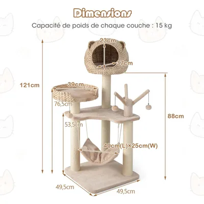 GIANTEX Arbre à Chat 121 CM avec Plateformes, Niche, Poteaux et Hamac