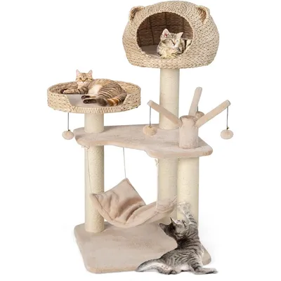 GIANTEX Arbre à Chat 121 CM avec Plateformes, Niche, Poteaux et Hamac