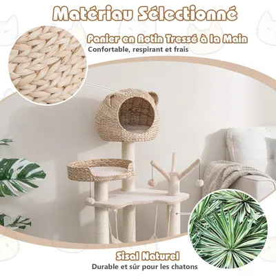 GIANTEX Arbre à Chat 121 CM avec Plateformes, Niche, Poteaux et Hamac
