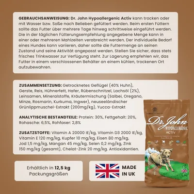 Dr John Hypoallergenic Activ Trockenfutter für aktive Hunde – 2 x 12,5 kg