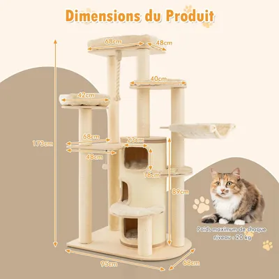 GIANTEX Arbre à Chat 173cm en Bois, Perchoir Supérieur, Condo à 3 Étages