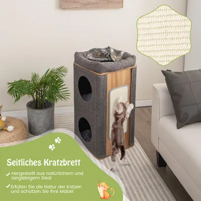 GIANTEX Katzenhaus Mit 3 Ebenen Und Abnehmbarer Sisal-Kratzmatte GIANTEX Katzenhaus Mit 3 Ebenen Und Abnehmbarer Sisal-Kratzmatte