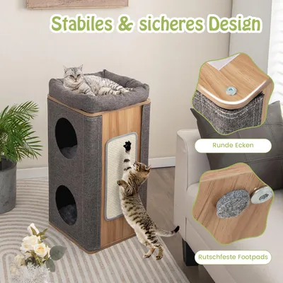 GIANTEX Katzenhaus Mit 3 Ebenen Und Abnehmbarer Sisal-Kratzmatte GIANTEX Katzenhaus Mit 3 Ebenen Und Abnehmbarer Sisal-Kratzmatte