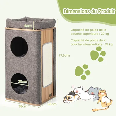 GIANTEX Maison pour Chat à 3 Niveaux avec Tapis à Gratter en Sisal Amovible