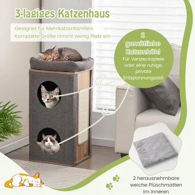 GIANTEX Katzenhaus Mit 3 Ebenen Und Abnehmbarer Sisal-Kratzmatte GIANTEX Katzenhaus Mit 3 Ebenen Und Abnehmbarer Sisal-Kratzmatte