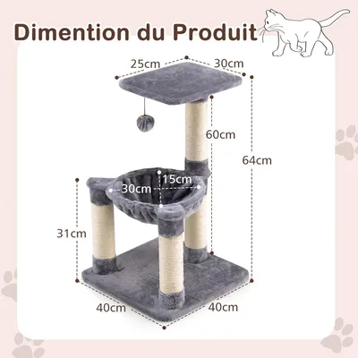 GIANTEX Arbre à Chat 64 CM avec Poteaux, Nid et Boule Suspendue