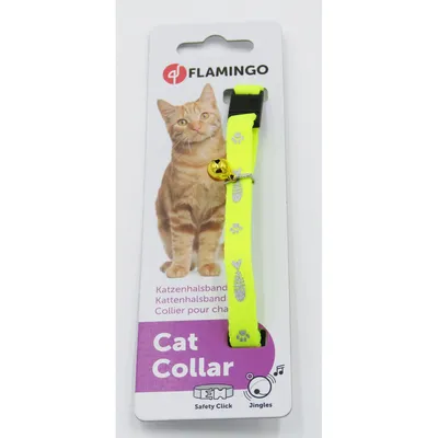 Collier réglable de 20 à 35 cm jaune  motif poisson  + clochette pour chat