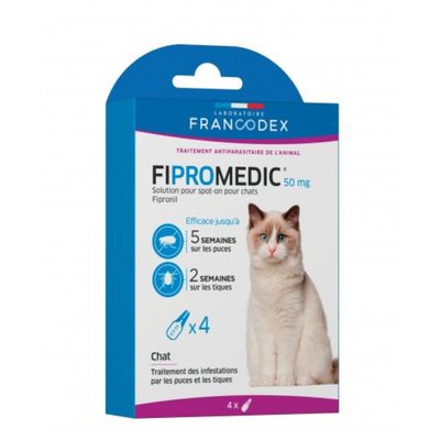 4 pipettes de 0.5 ml Fipromedic 50 mg pour chats antiparasitaire.
