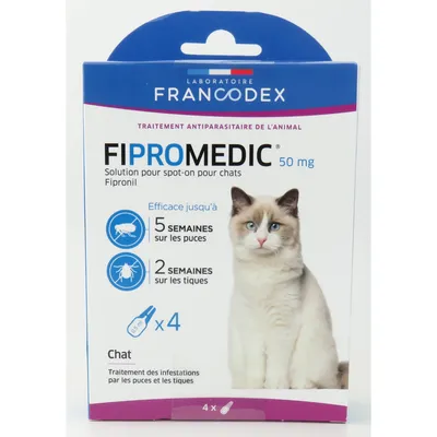 4 pipettes de 0.5 ml Fipromedic 50 mg pour chats antiparasitaire.