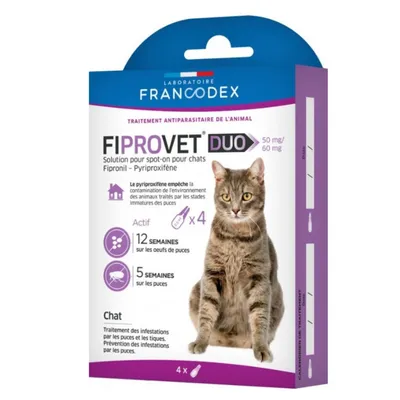Francodex - 4 pipettes anti puces Fiprovet duo pour chat