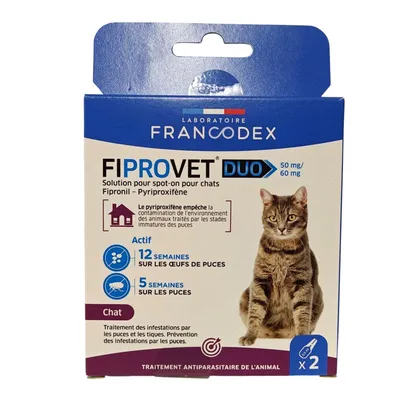 2 pipettes anti puces fiprovet duo 50 mg pour chat