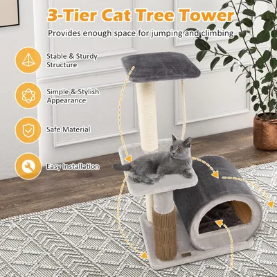 GIANTEX Arbre à Chat 93CM à 3 Niveaux avec Grattoir en Sisal, Perchoir