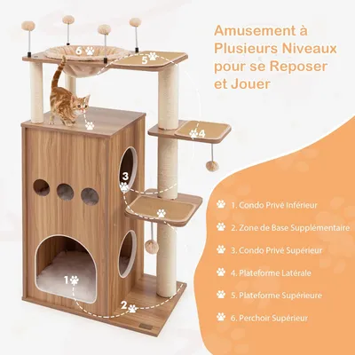 GIANTEX Arbre à Chat 133cm avec 2 Condos en Bois, Griffoirs en Sisal