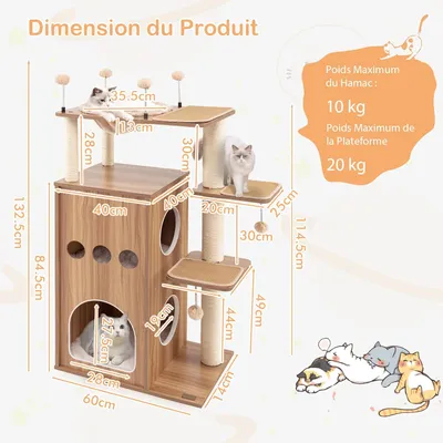 GIANTEX Arbre à Chat 133cm avec 2 Condos en Bois, Griffoirs en Sisal