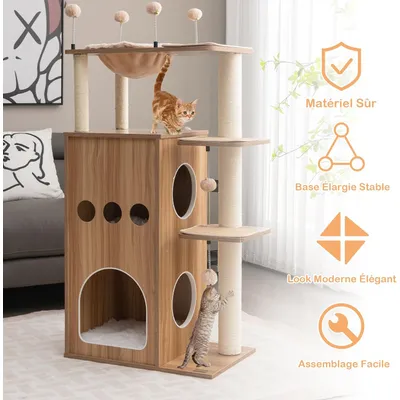 GIANTEX Arbre à Chat 133cm avec 2 Condos en Bois, Griffoirs en Sisal