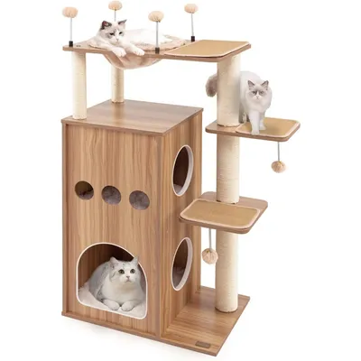 GIANTEX Arbre à Chat 133cm avec 2 Condos en Bois, Griffoirs en Sisal