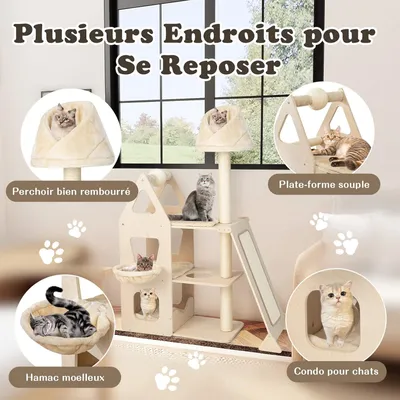 GIANTEX Arbre à Chat 155 CM en Bois Massif 3 Niveaux avec Poteaux en Sisal