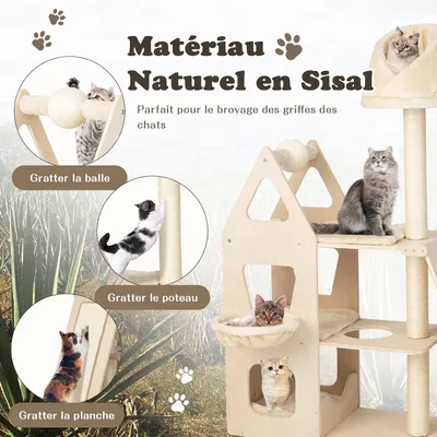 GIANTEX Arbre à Chat 155 CM en Bois Massif 3 Niveaux avec Poteaux en Sisal