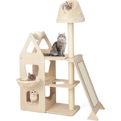 GIANTEX Arbre à Chat 155 CM en Bois Massif 3 Niveaux avec Poteaux en Sisal