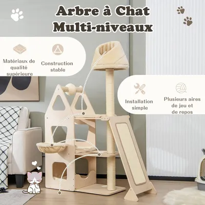 GIANTEX Arbre à Chat 155 CM en Bois Massif 3 Niveaux avec Poteaux en Sisal