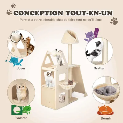 GIANTEX Arbre à Chat 155 CM en Bois Massif 3 Niveaux avec Poteaux en Sisal