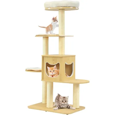 GIANTEX Arbre à Chat 135 CM en Bois, 4 Niveaux avec Plateformes, Perchoir