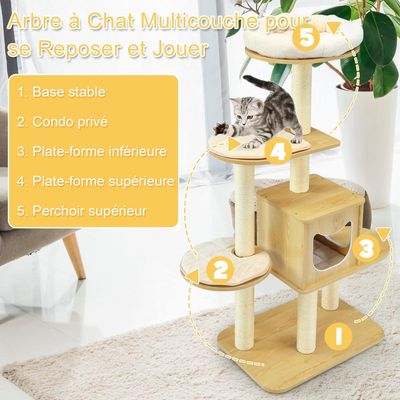 GIANTEX Arbre à Chat 135 CM en Bois, 4 Niveaux avec Plateformes, Perchoir
