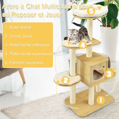 GIANTEX Arbre à Chat 135 CM en Bois, 4 Niveaux avec Plateformes, Perchoir
