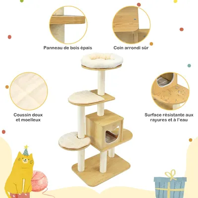 GIANTEX Arbre à Chat 135 CM en Bois, 4 Niveaux avec Plateformes, Perchoir