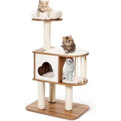 GIANTEX Arbre à Chat 117 CM en Bois 3 Niveaux avec Plateformes et Niche