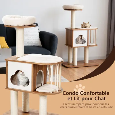 GIANTEX Arbre à Chat 117 CM en Bois 3 Niveaux avec Plateformes et Niche