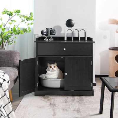 GIANTEX Meuble Chat 3 en 1,Bac à Litière Dissimulé avec Tiroir,Double Porte