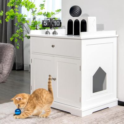 GIANTEX 3-in-1-Katzenmöbel,Verdeckte Katzentoilette Mit Schublade,Doppeltür