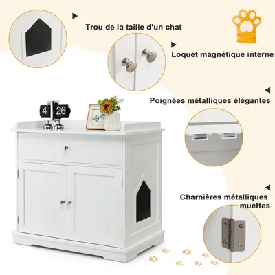 GIANTEX Meuble Chat 3 en 1,Bac à Litière Dissimulé avec Tiroir,Double Porte
