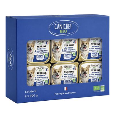 Canichef - Terrines Bio Sans Céréales  Boeuf pour Chien (9 x 300gr)