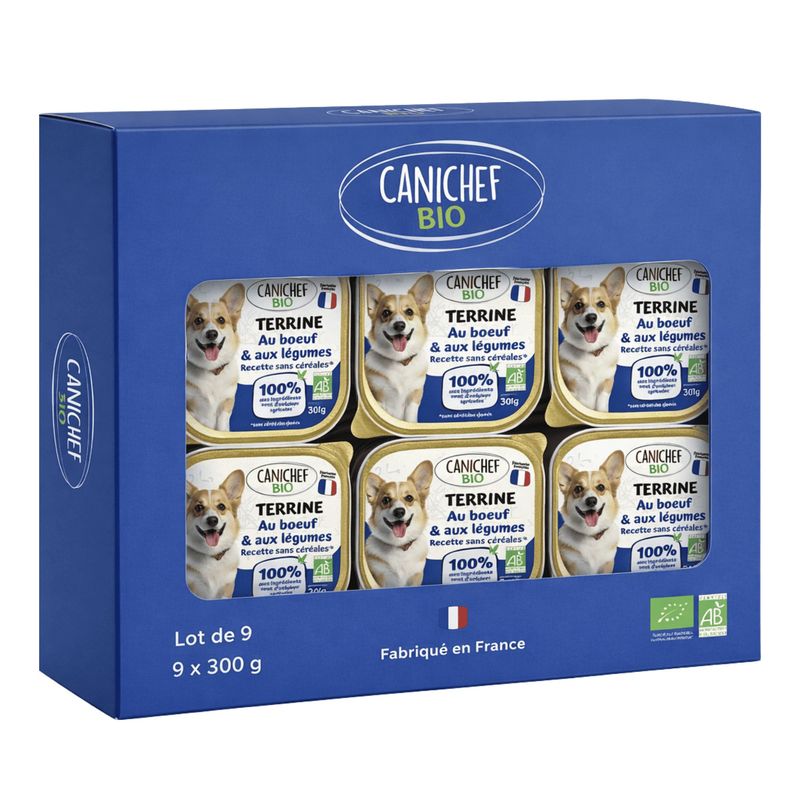 Canichef - Terrines Bio Sans Céréales  Boeuf pour Chien (9 x 300gr)
