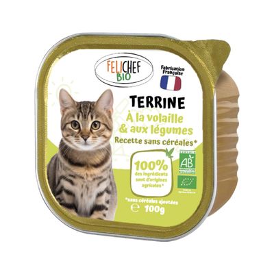 Felichef - Terrines Sans Céréales Bio Volaille et Légumes pour Chat 100g