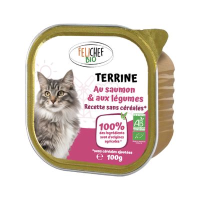 Felichef - Terrines Sans Céréales Bio Saumon et Légumes pour Chat 100g