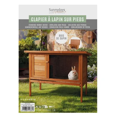 Clapier pour lapin et cochon d'inde en bois naturel sur pied