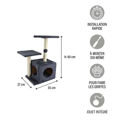 Arbre à chat Tom avec niche et jouet - Gris anthracite