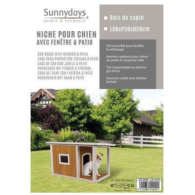 Niche pour chien Lucky avec patio et fenêtre en bois naturel