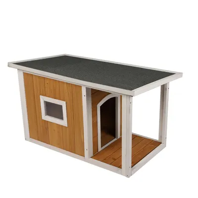 Niche pour chien Lucky avec patio et fenêtre en bois naturel Niche pour chien Lucky avec patio et fenêtre en bois naturel