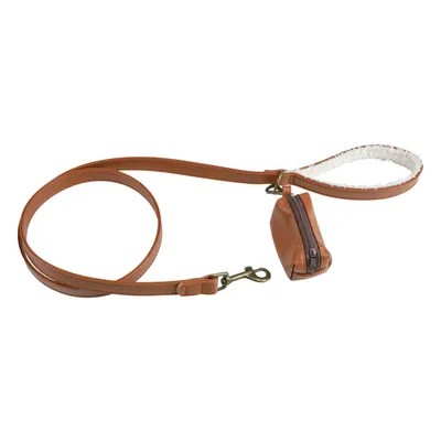 Laisse en similicuir et bouclette avec distributeur de sacs - Cognac