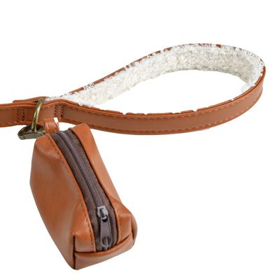 Laisse en similicuir et bouclette avec distributeur de sacs - Cognac
